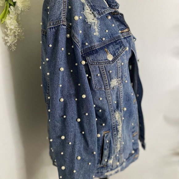 Sunset + Spring Denim Jacket Pearl Embellishment Bride Embroidered Size L NWOT - Picture 5 of 16